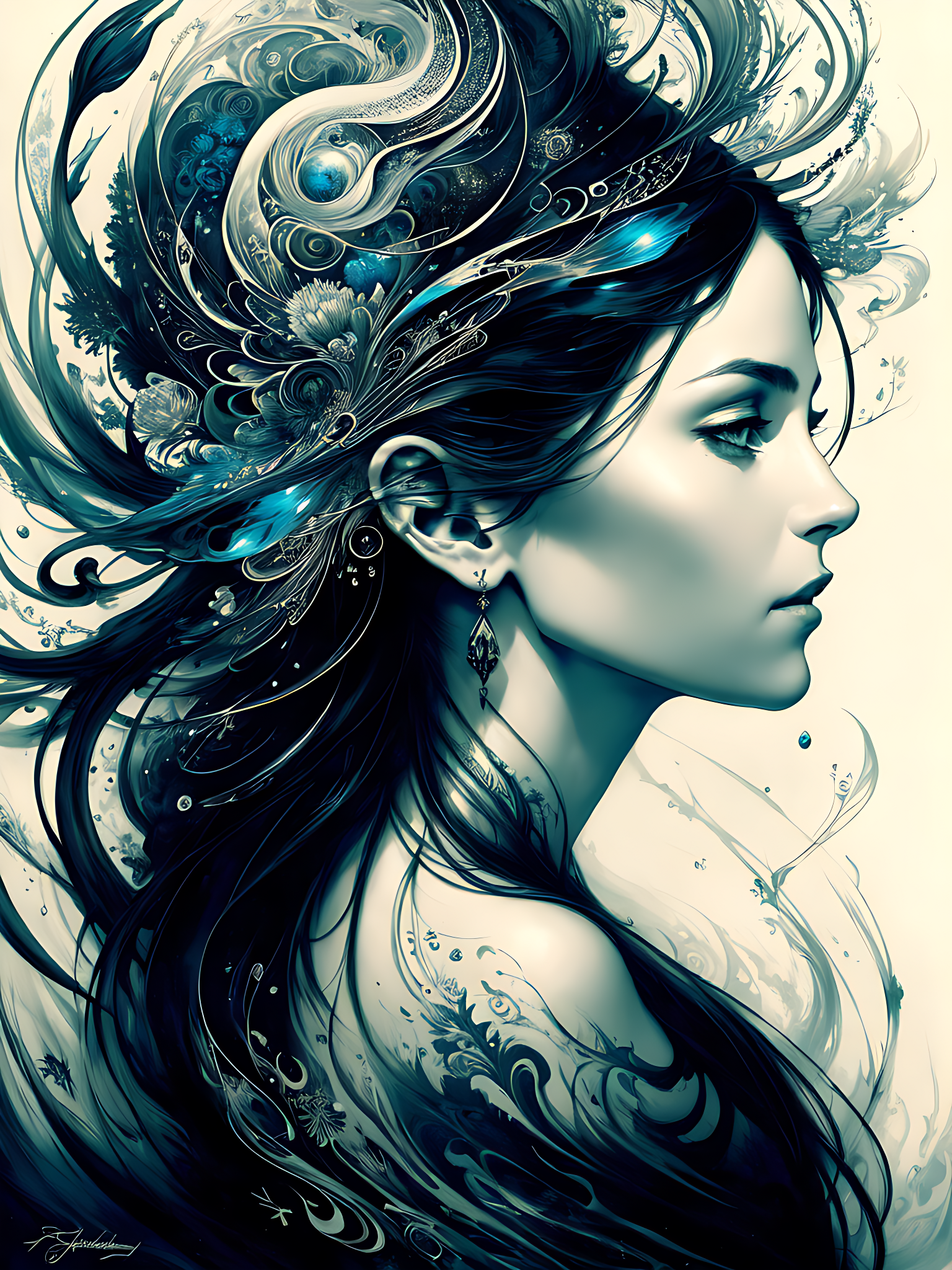 Stable Diffusion prompt: beautiful woman, Black ink flow,...