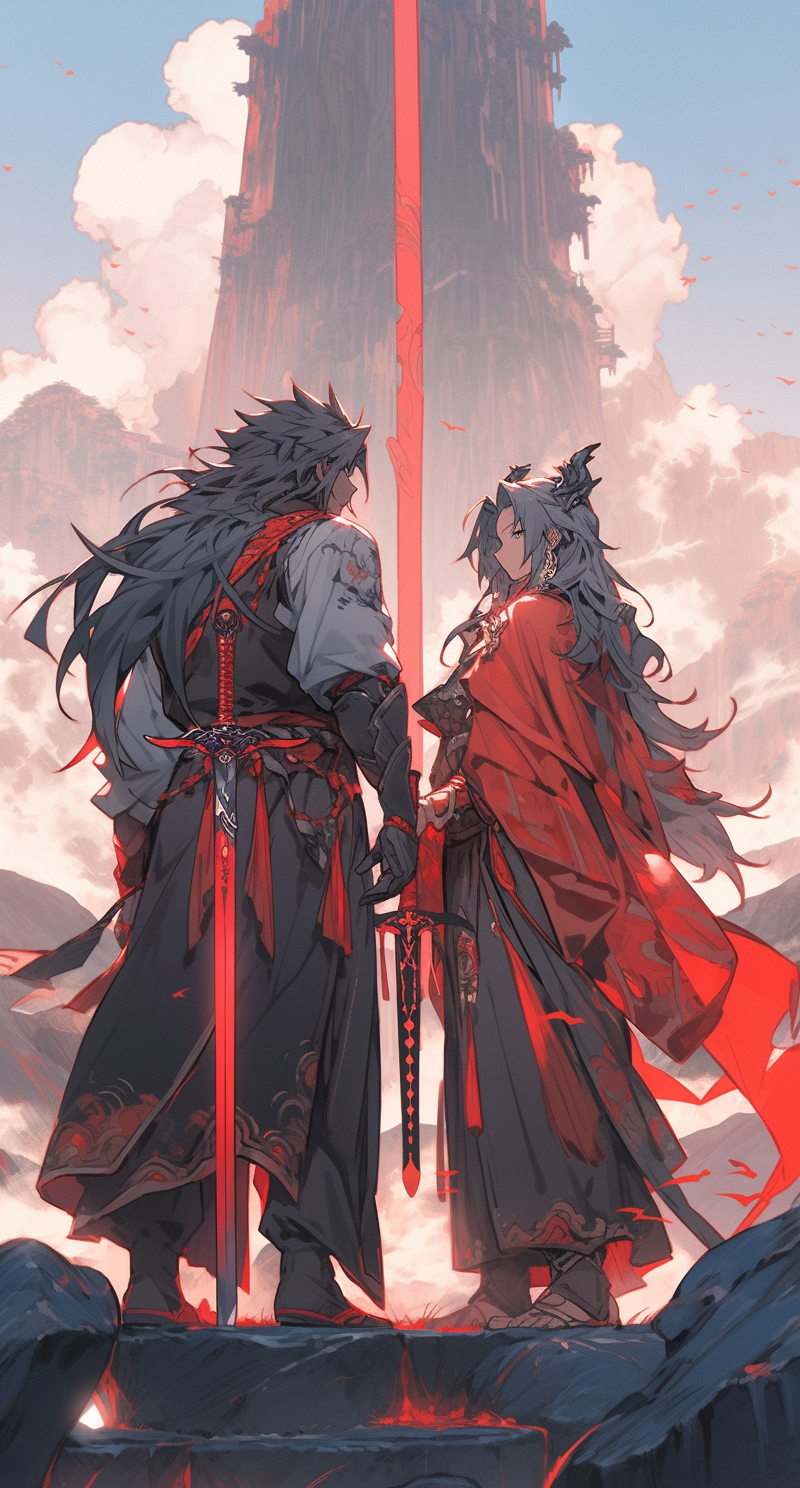 Midjourney prompt: two anime men standing on top of a mountain, in th... - Midjourney