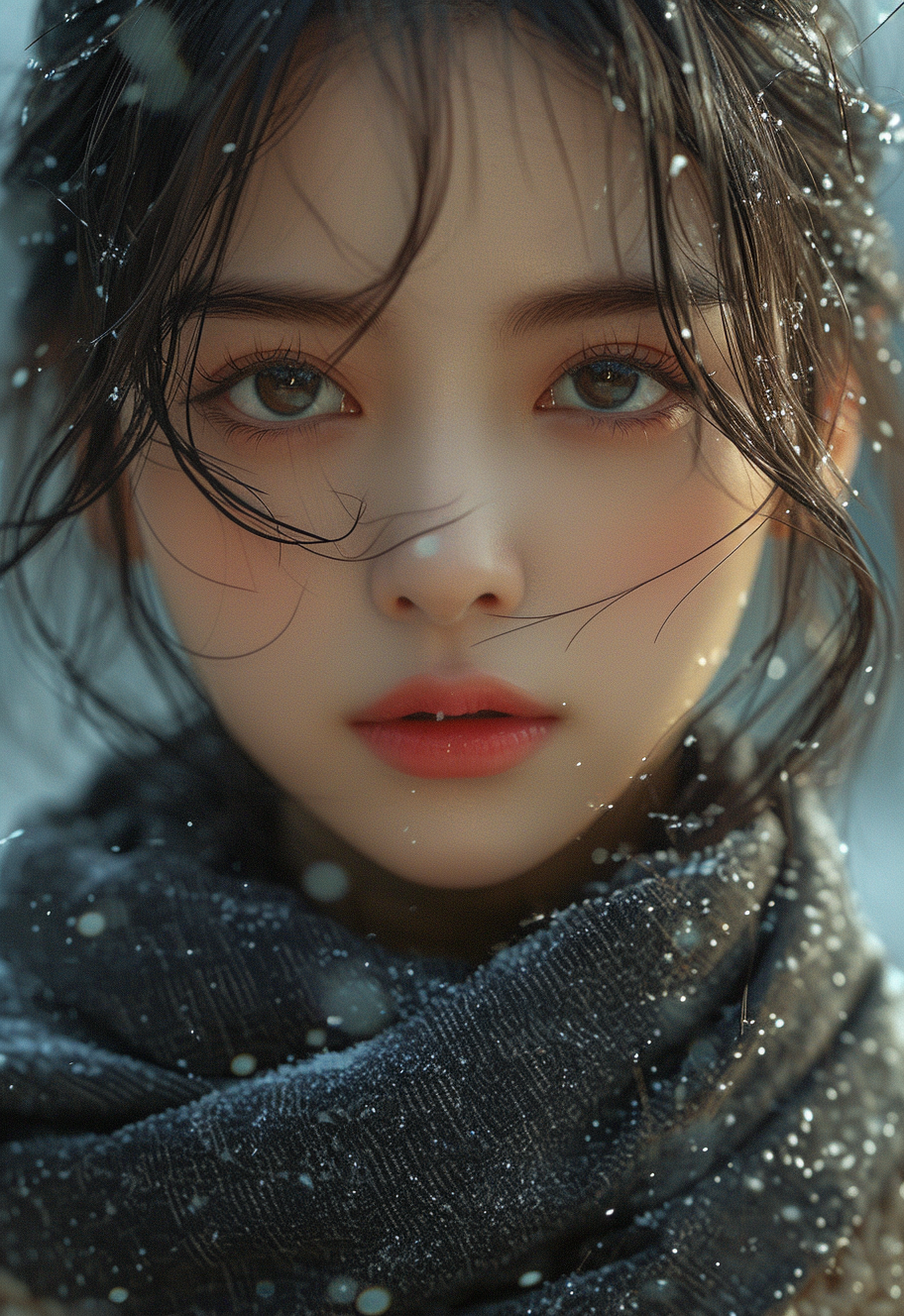 صورة مولدة بالذكاء الاصطناعي: Midjourney prompt: the young girl is wearing a black scarf, in the st... (نموذج Midjourney - تصوير فوتوغرافي)