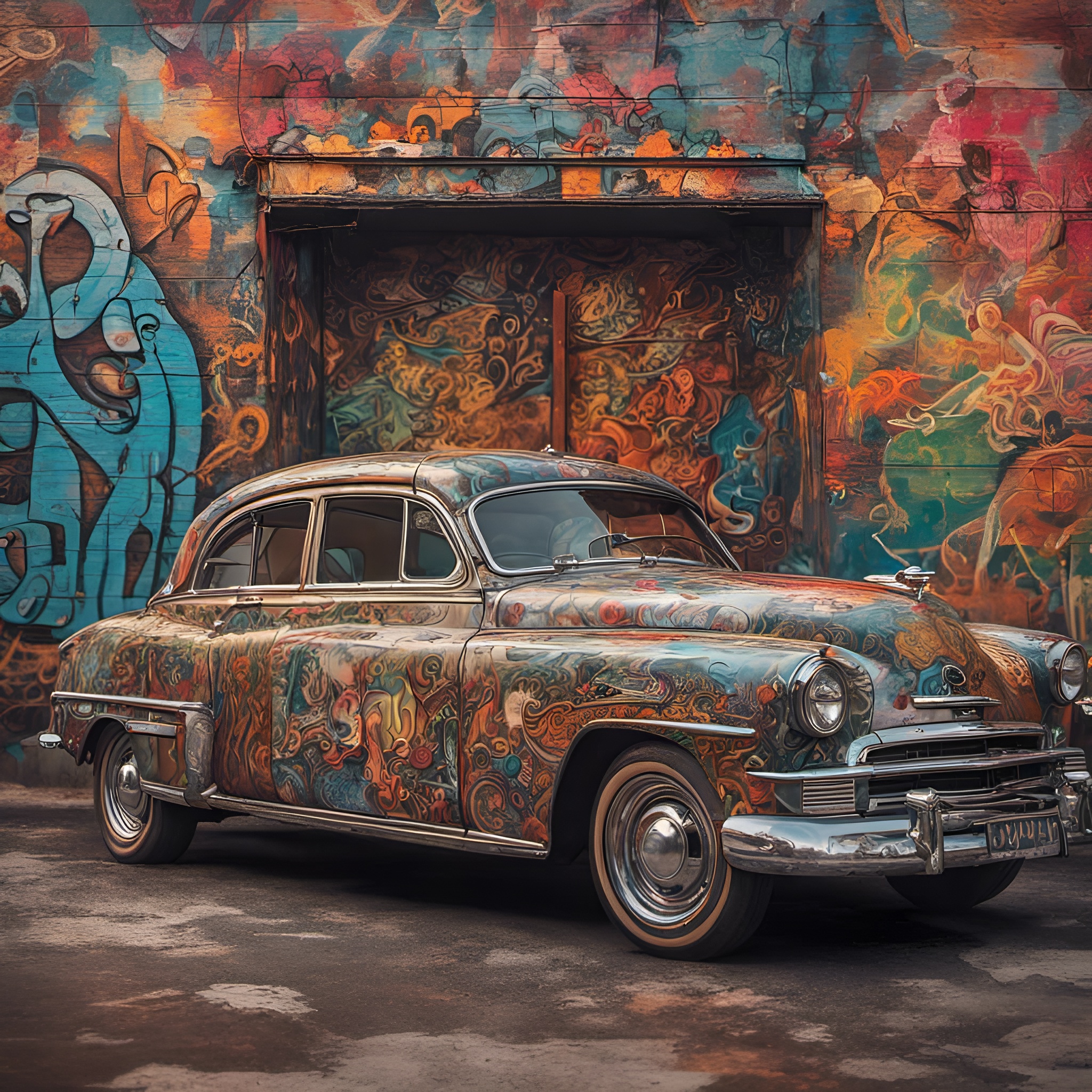 صورة مولدة بالذكاء الاصطناعي: Vintage car with a Splash paintjob (نموذج Stable Diffusion - تصوير فوتوغرافي)