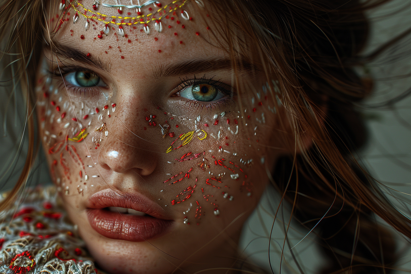 AI generated: Midjourney prompt: Rough thread embroidery on a girl's face, poor qua... (Midjourney - Portraits)
