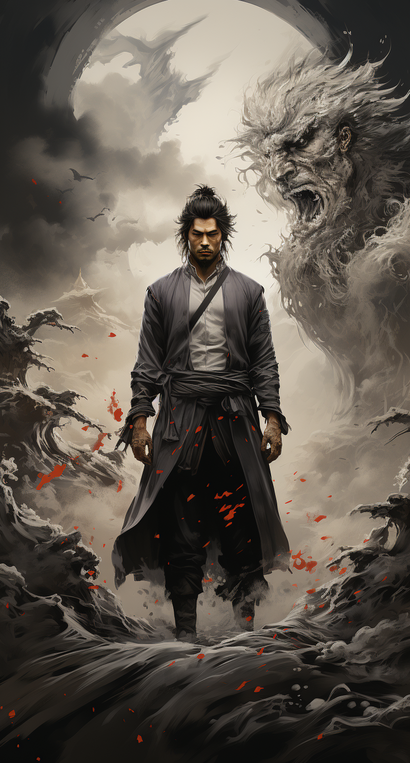 AI generated: Midjourney prompt: japanese samurai in front of a dragon, in the styl... (Midjourney - Character Design)