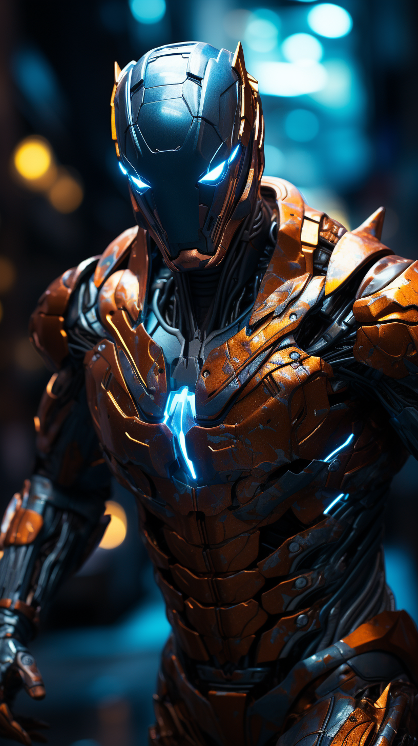 AI generated: Midjourney prompt: a man dressed in iron man armor standing in the da... (Midjourney - Fashion)