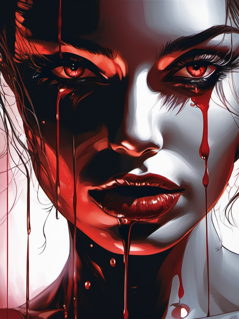 AI generated: Stable Diffusion prompt: blood drops on a woman's face, shiny eyes, elegant... (Stable Diffusion - Portraits)