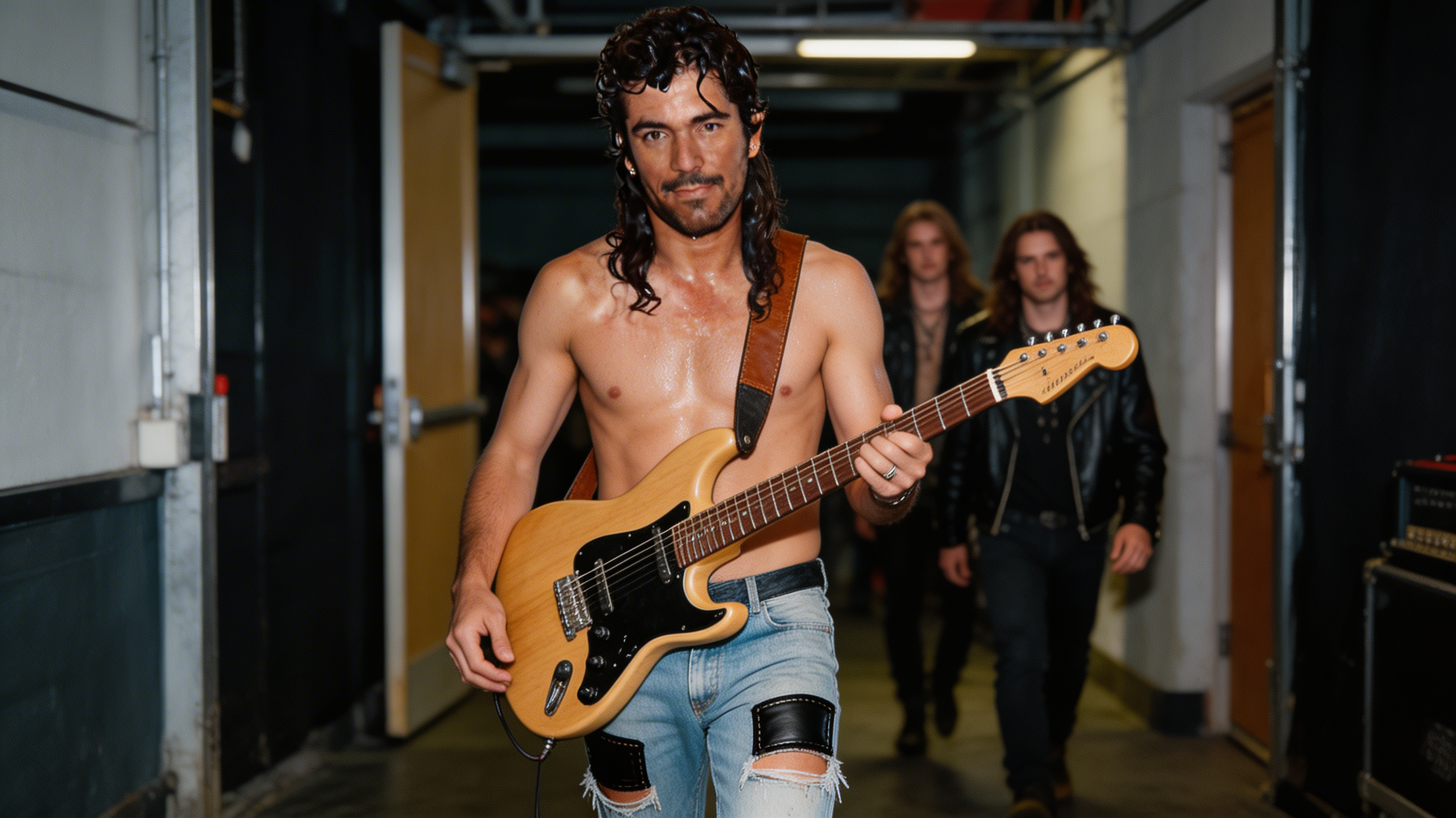 AI generated: Seedream 5 prompt: A shirtless Rock musician walks down a backstage c... (Seedream 5 - Concept Art)