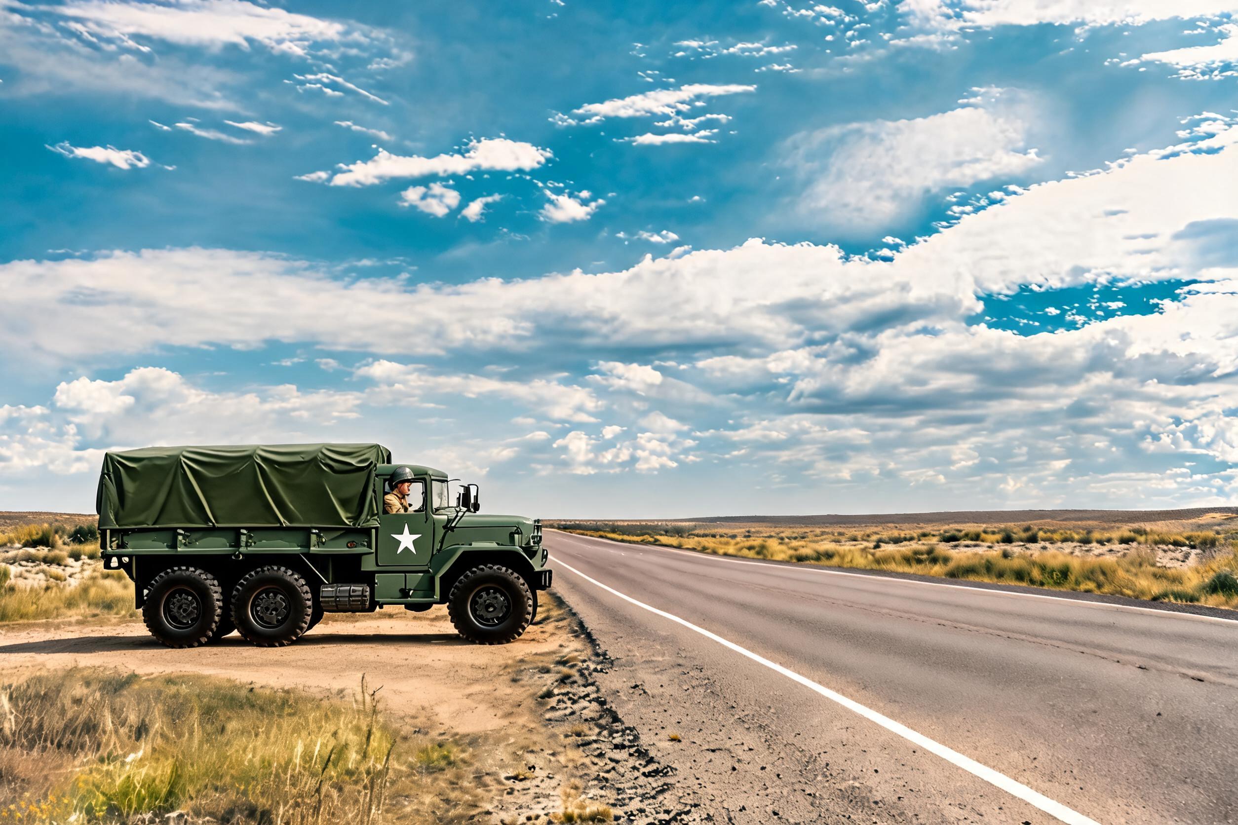 صورة مولدة بالذكاء الاصطناعي: Seedream 5 prompt: Show an Army Member driving the truck. The year i (نموذج Seedream 5 - فن مفاهيمي)