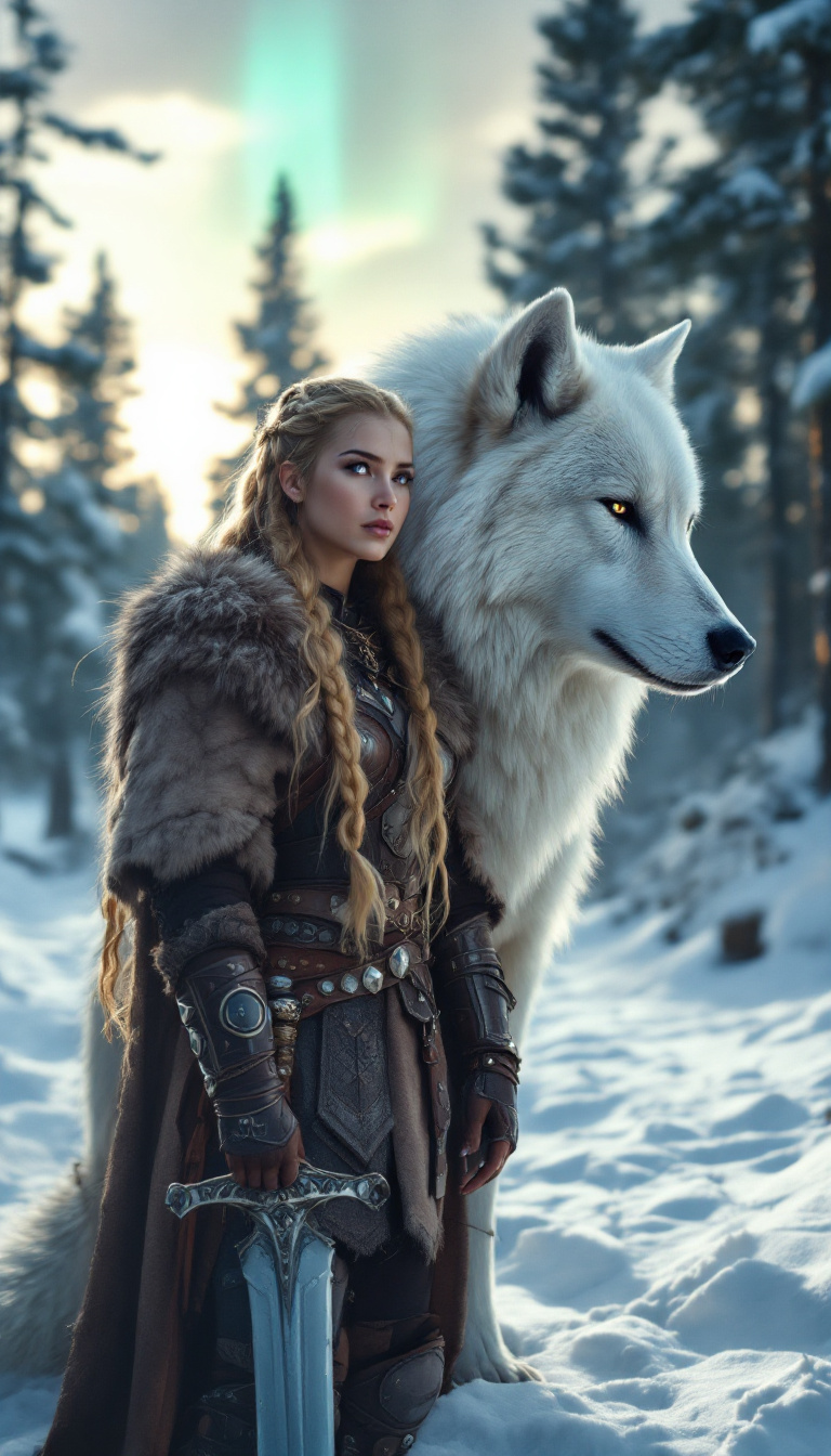 صورة مولدة بالذكاء الاصطناعي: FLUX prompt: A Viking warrior woman with long golden braids, dr... (نموذج FLUX - حيوانات وطبيعة)