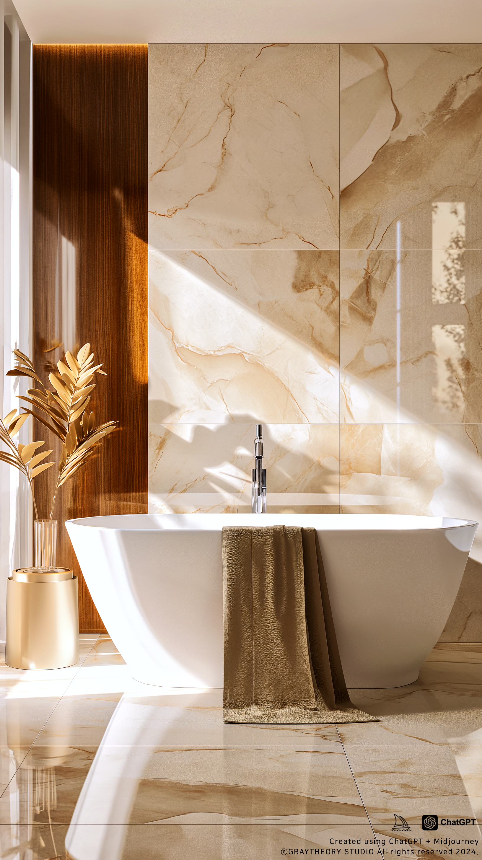 AI generated: Midjourney prompt: Cinematic view of a modern chic bathroom, marble t... (Midjourney - Interior Design)