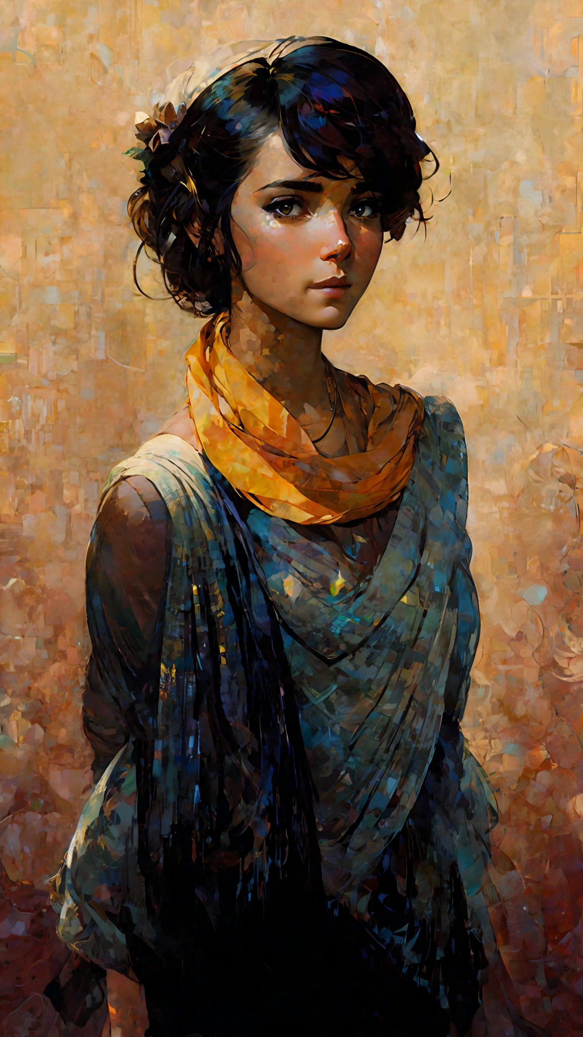 DreamShaper prompt: a painting of a woman with a scarf on her neck, cr... - DreamShaper