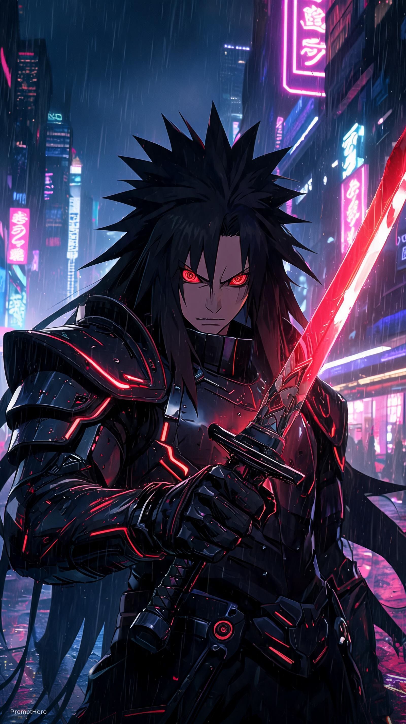 AI generated: Seedream 5 prompt: Create a cyberpunk-style Madara Uchiha, wielding a... (Seedream 5 - Concept Art)