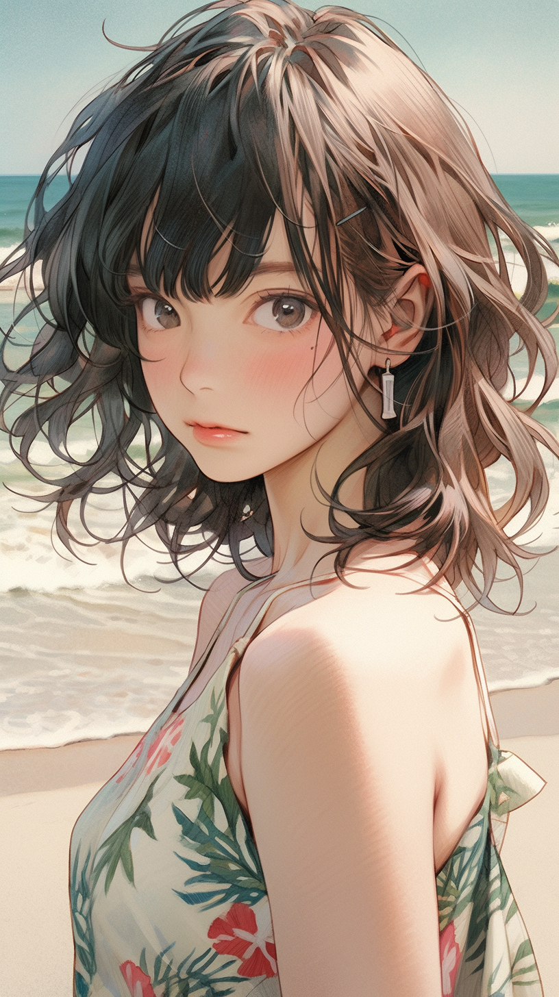 AI generated: Midjourney prompt: anime girl in a floral dress is standing on the be... (Midjourney - Anime)