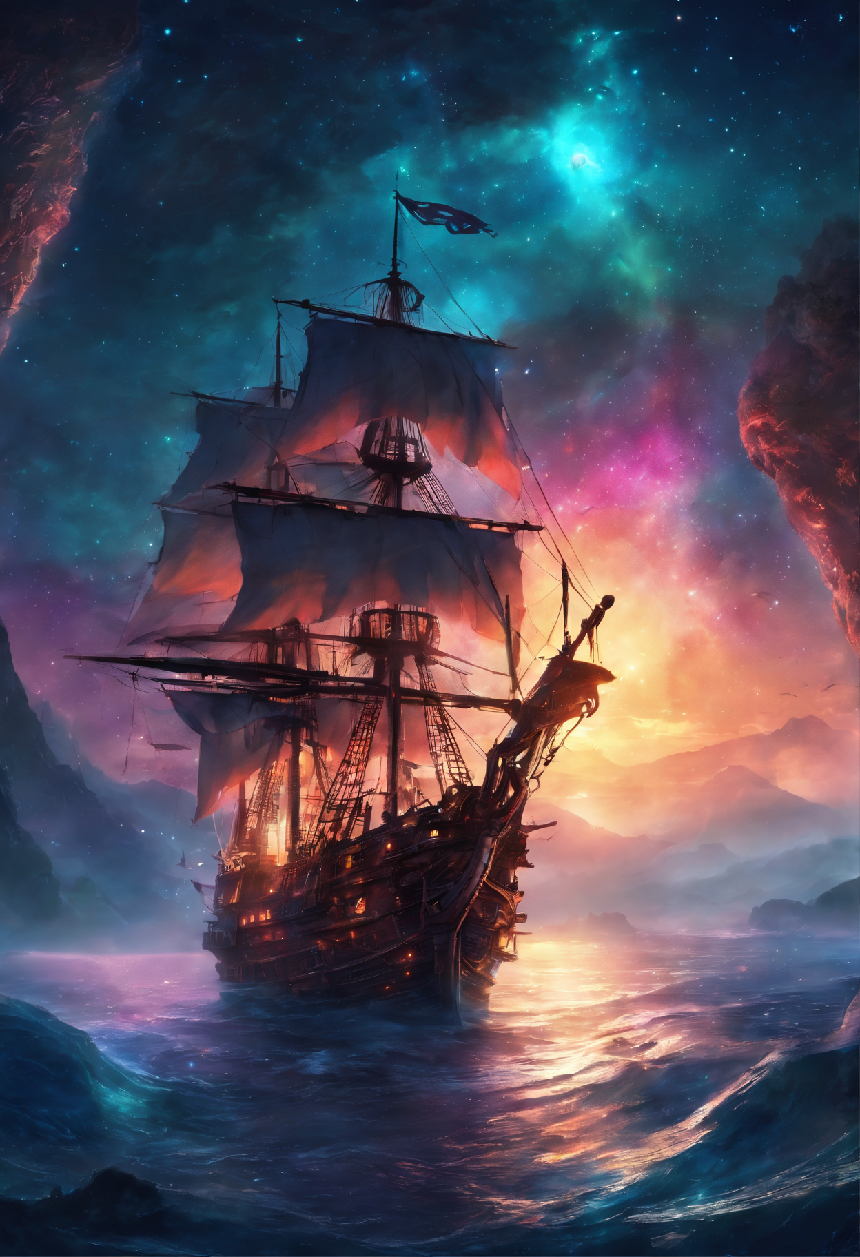AI generated: Stable Diffusion prompt: (Pirate ship sailing into a bioluminescence sea wi... (Stable Diffusion - Concept Art)