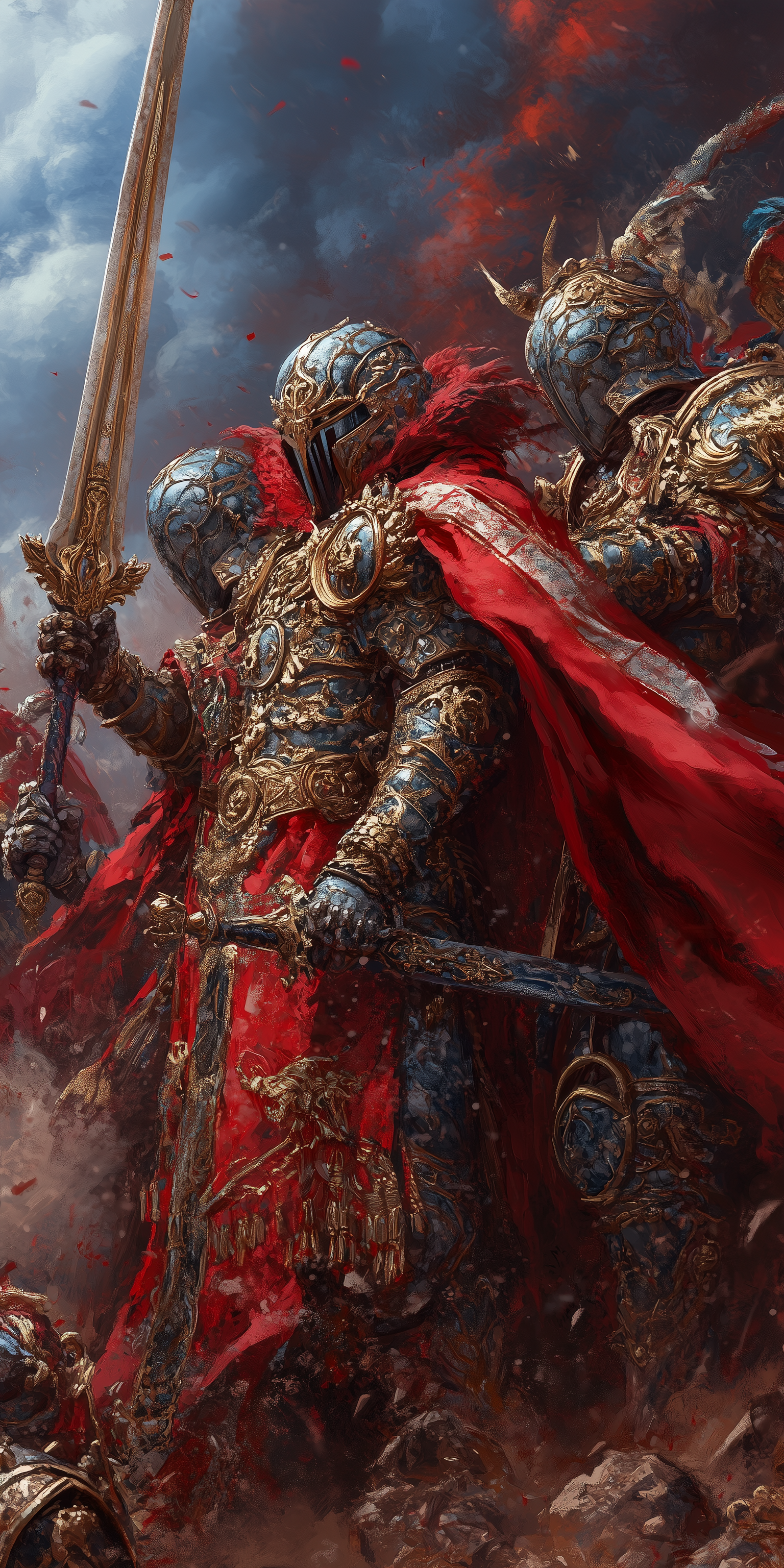 صورة مولدة بالذكاء الاصطناعي: Midjourney prompt: Red and Blue Knights in the Desert, highly detaile... (نموذج Midjourney - فن مفاهيمي)
