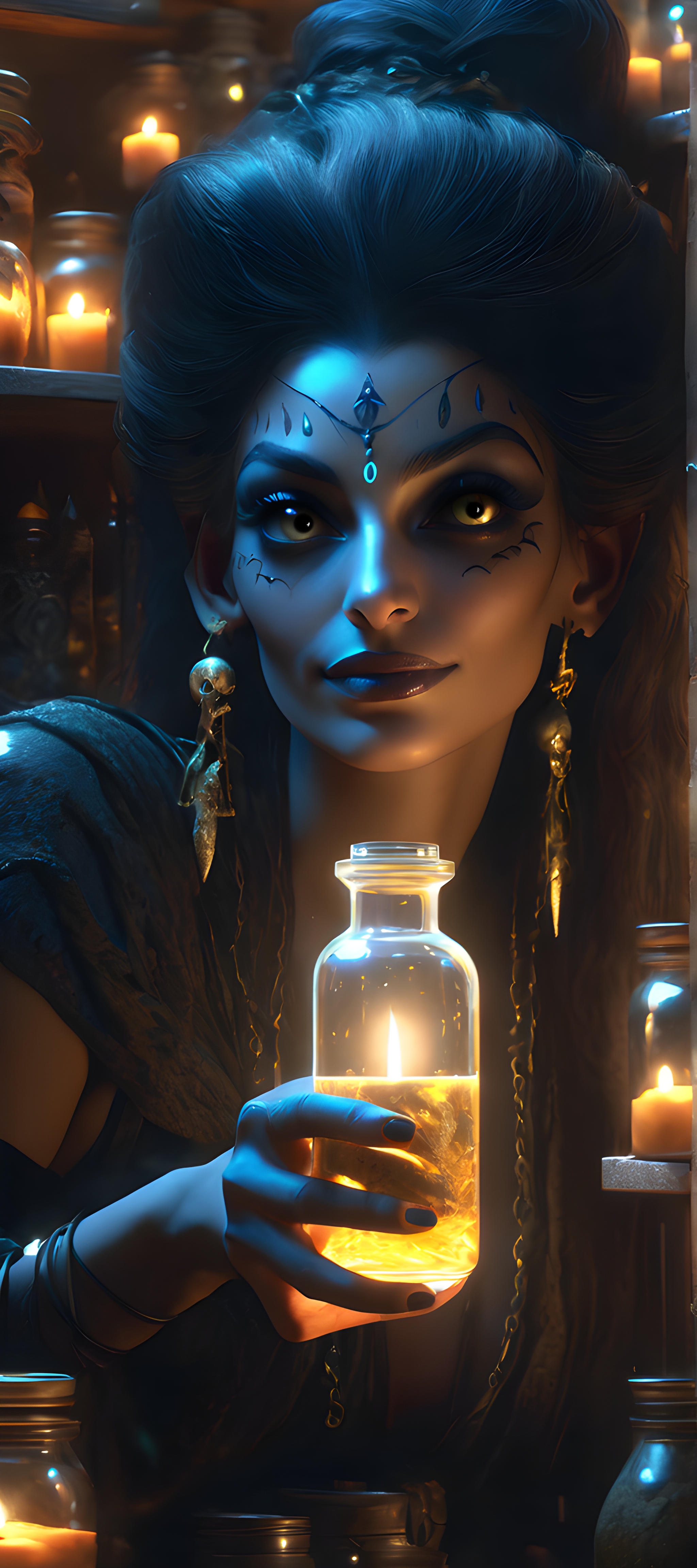 AI generated: Stable Diffusion prompt: Nephthys grabbing a vial of glowing potion from a... (Stable Diffusion - Photography)