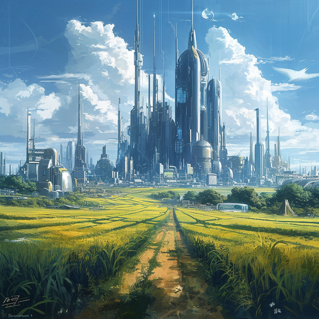 AI generated: Midjourney prompt: futuristic sci fi landscape, rural area of ​​the f... (Midjourney - Landscapes)