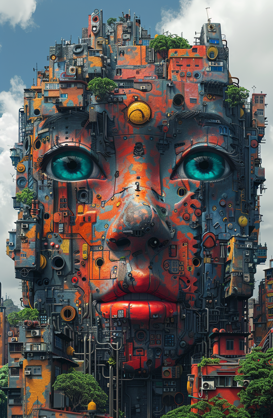 AI generated: Midjourney prompt: cartoon with a colorful face surrounded by a city,... (Midjourney - Concept Art)