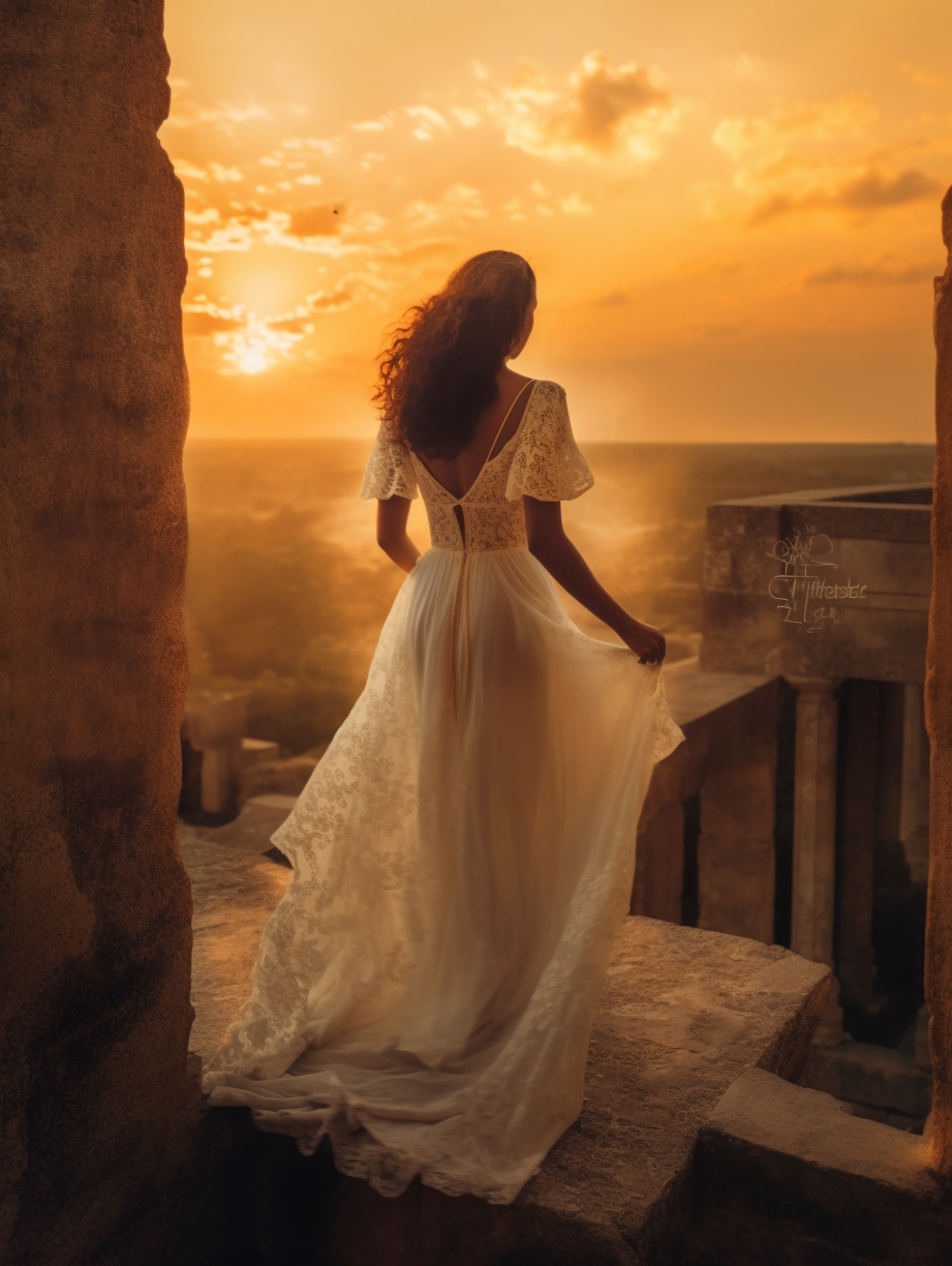 Midjourney prompt: a woman in a white dress standing on a ledge, look... - Midjourney