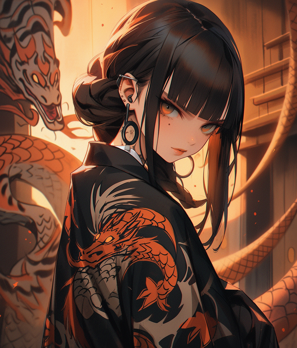 صورة مولدة بالذكاء الاصطناعي: Midjourney prompt: a dark haired girl dressed in an asian style, in t... (نموذج Midjourney - أنمي)