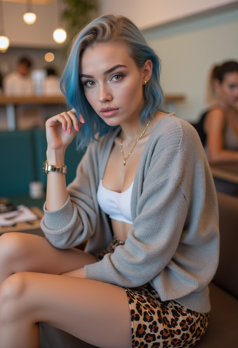 صورة مولدة بالذكاء الاصطناعي: FLUX prompt: A young woman with vibrant blue hair and striking ... (نموذج FLUX - تصوير فوتوغرافي)