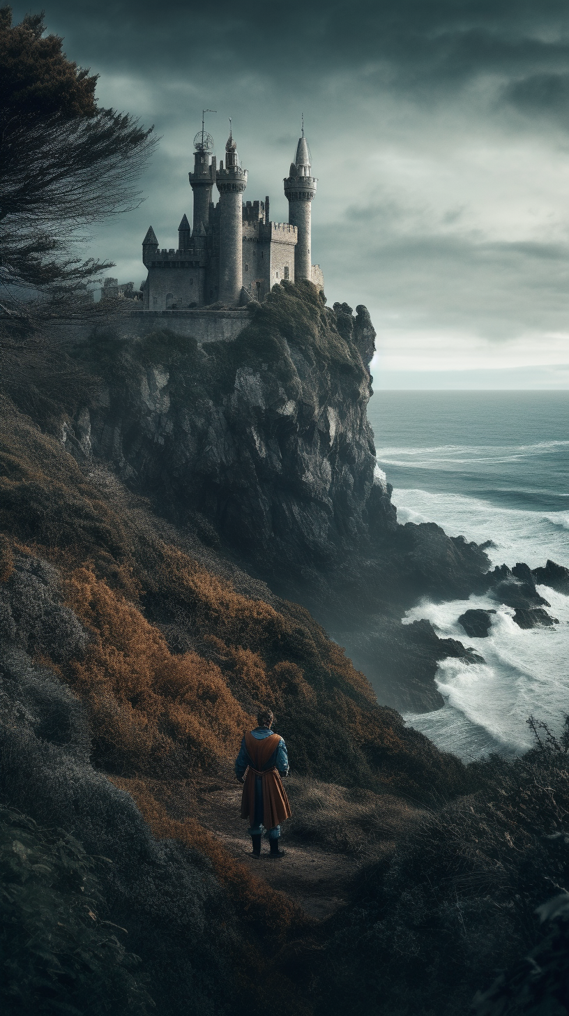 صورة مولدة بالذكاء الاصطناعي: Midjourney prompt: A magnificent castle on a cliff edge overlooking t... (نموذج Midjourney - مناظر طبيعية)