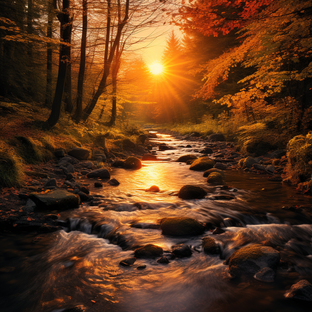 صورة مولدة بالذكاء الاصطناعي: أمر Midjourney: جدول مائي يمر عبر غابة، على أسلوب ألكسندر برو... (نموذج Midjourney - مناظر طبيعية)