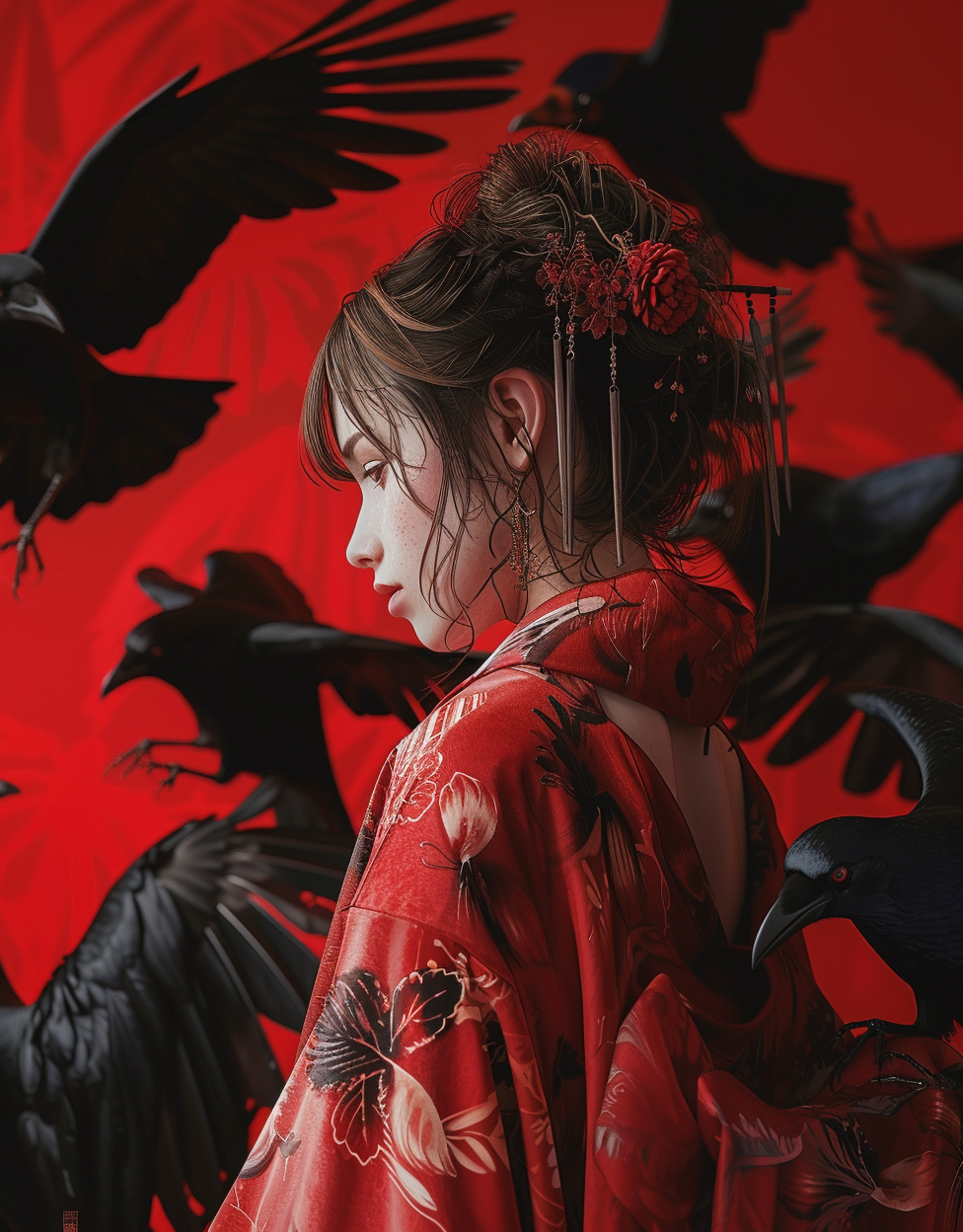 AI generated: Midjourney prompt: a red female character wearing a kimono in front o... (Midjourney - Anime)
