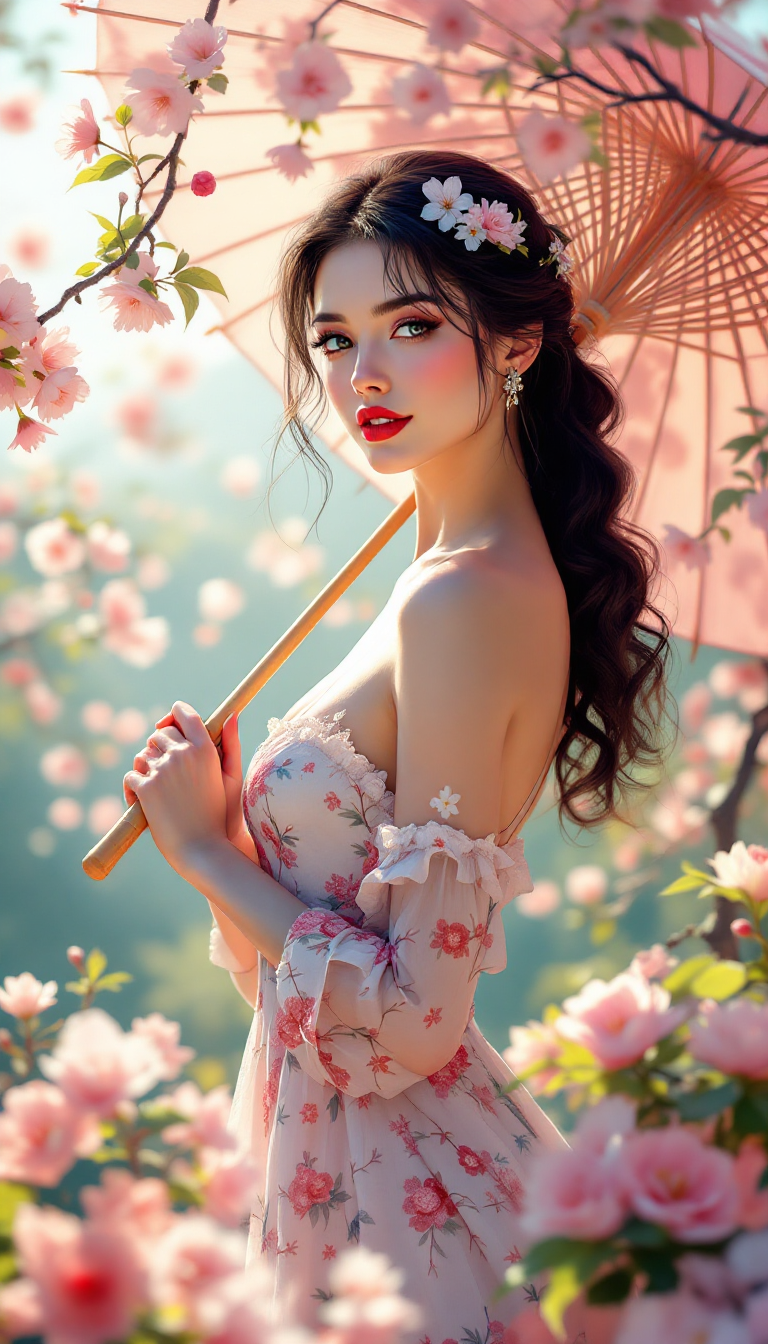 صورة مولدة بالذكاء الاصطناعي: FLUX prompt: A stylized portrayal of a pin-up woman in a spring... (نموذج FLUX - صور شخصية)